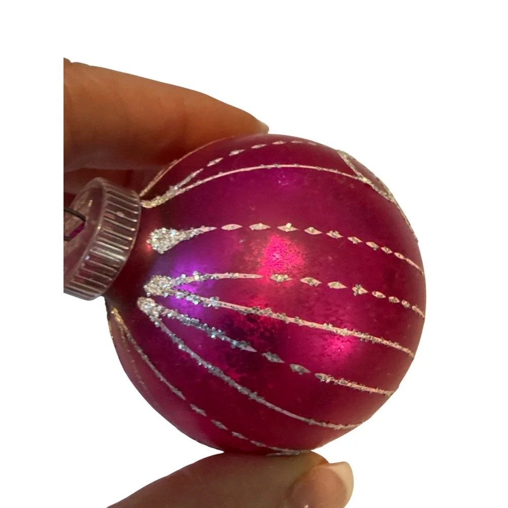 West Germany Glass‎ Christmas Ornament Magenta Glitter Design 2.5